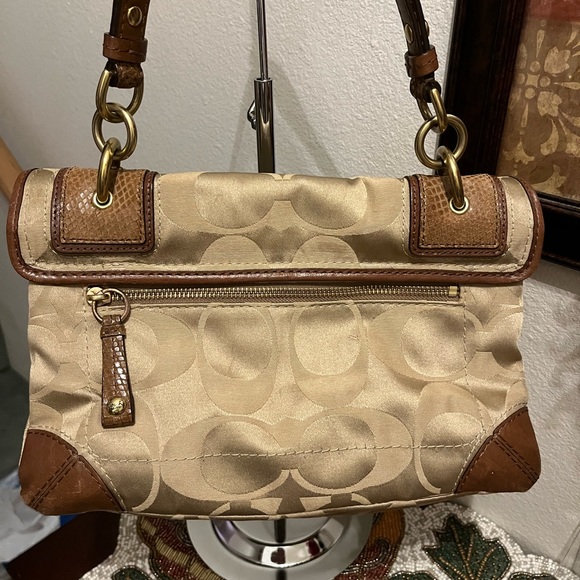 Coach Peyton Signature Sateen Khaki/Brown Python Embossed Leather, Flap Bag. EUC - Picture 3 of 10